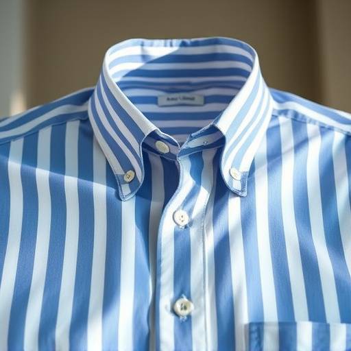 Camisa social listrada azul e branca, com colarinho italiano