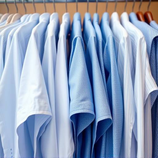 Close-up de camisas sociais azuis e brancas penduradas em araras, em uma loja de roupas.
